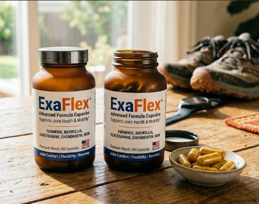 Two ExaFlex Advanced Formula capsule bottles on a wooden table