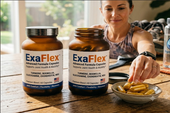Woman taking ExaFlex joint support capsules at home